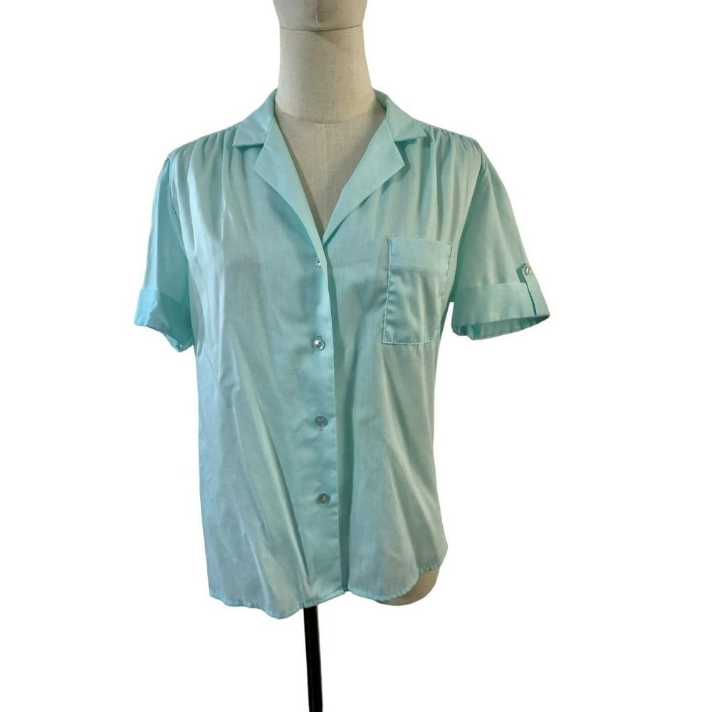 Vintage top 70s 80s Blouse Shirt Button Up Rhapsody Aqua Blue Top
